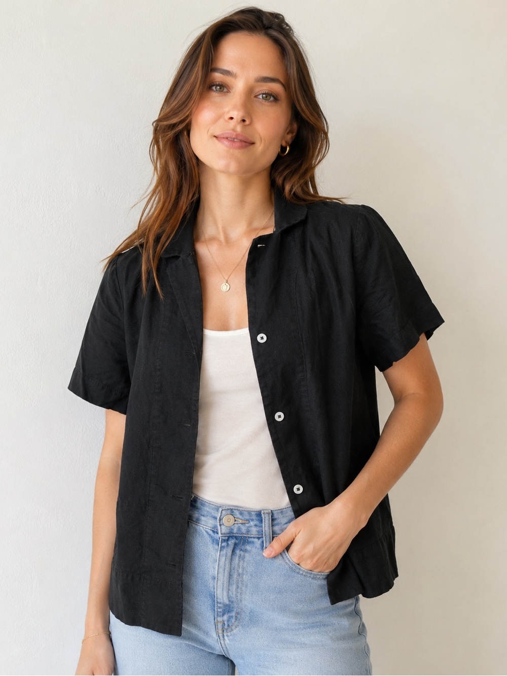 Quince Black Short-Sleeve Button-Down Shirt